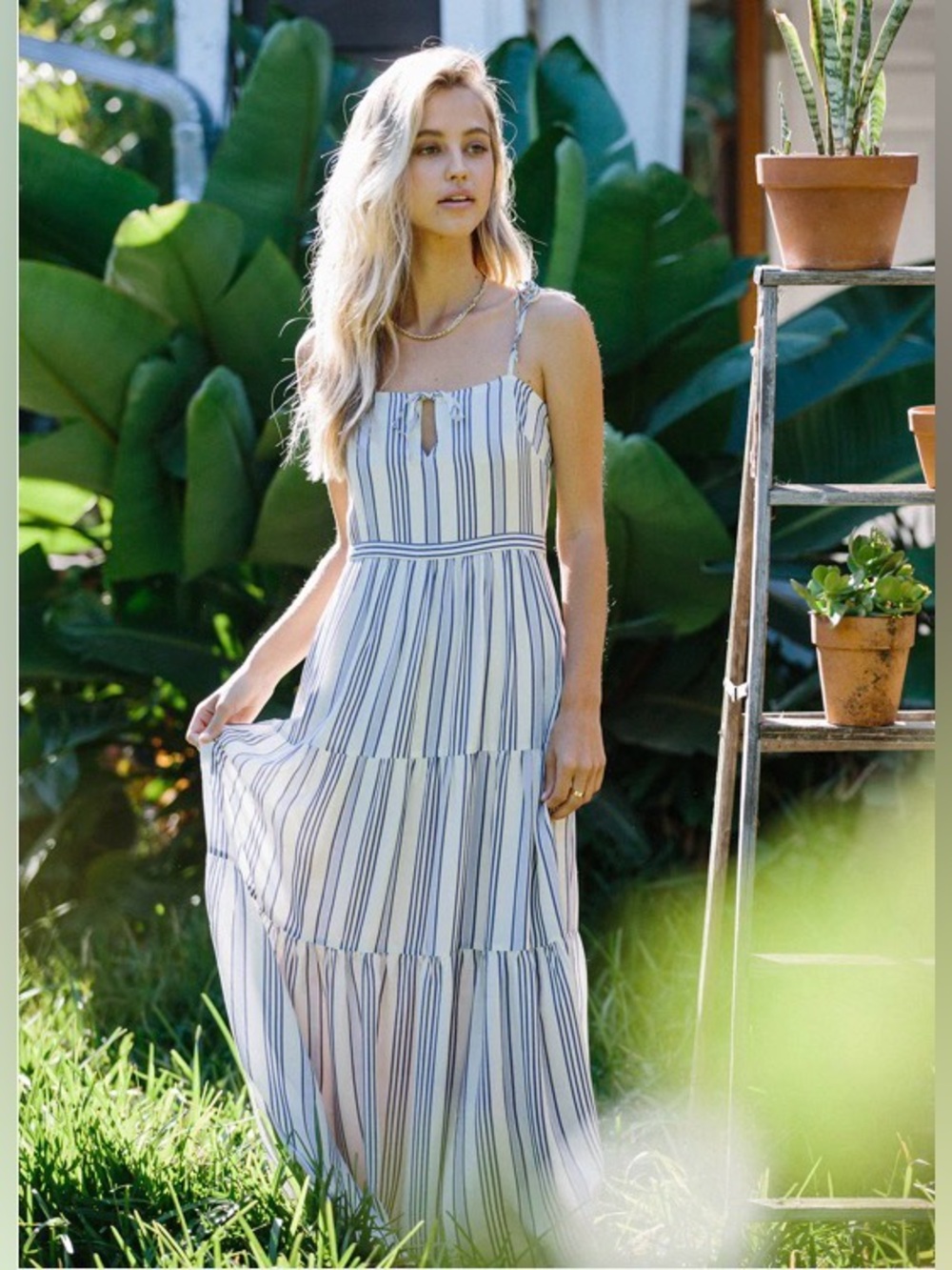 Blue and White Striped Tiered Maxi Dress with Tie Straps